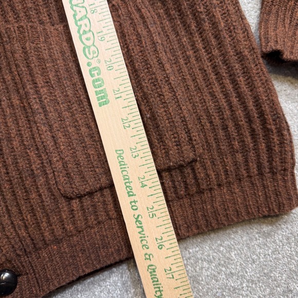 J Crew Lambswool Shawl Cardigan Mens L Brown Leather Elbow Patches Dark Academia - Picture 8 of 10